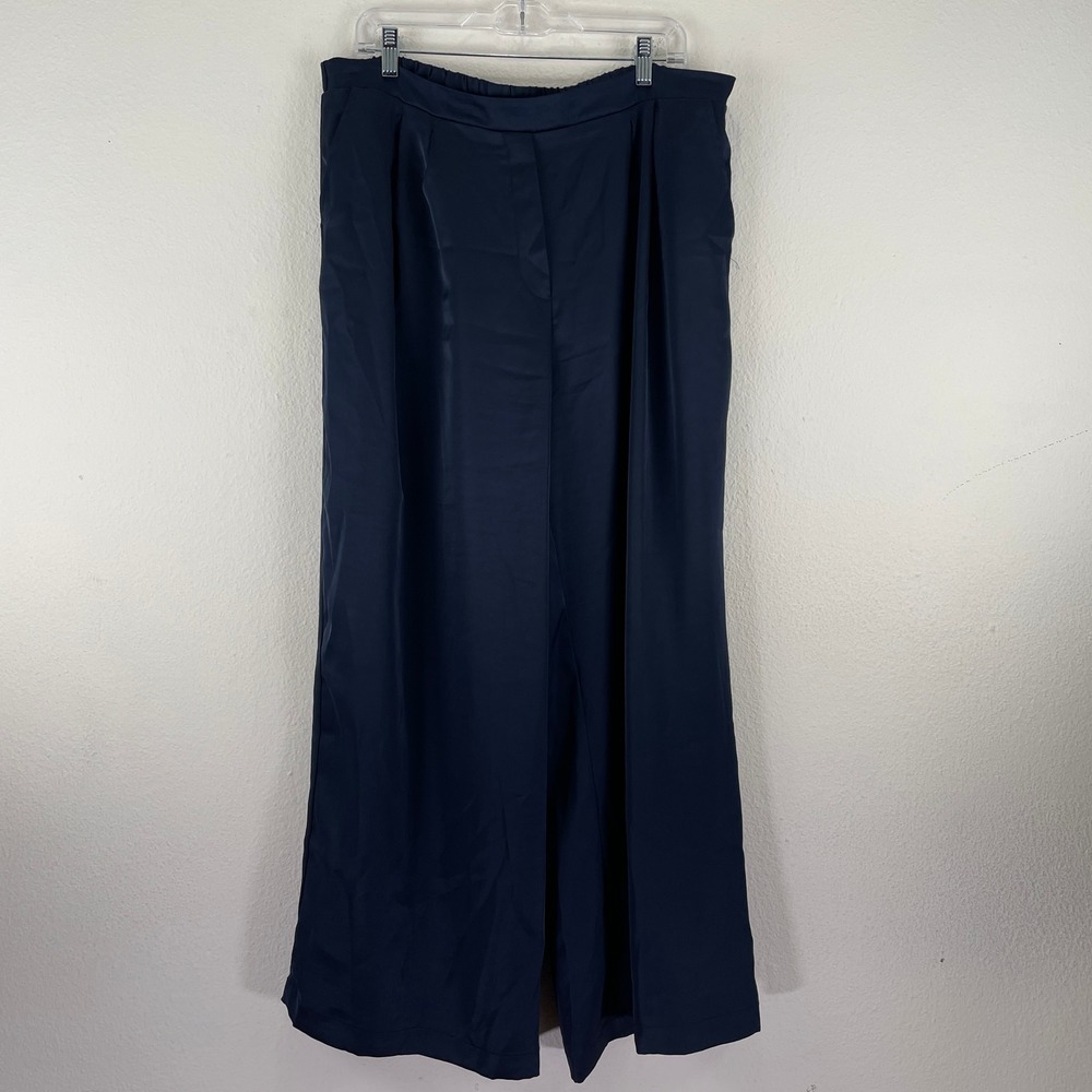 Nordstrom Rack Navy Blue Wide Leg Pleated Satin Trousers XL Elastic Waist Luxury